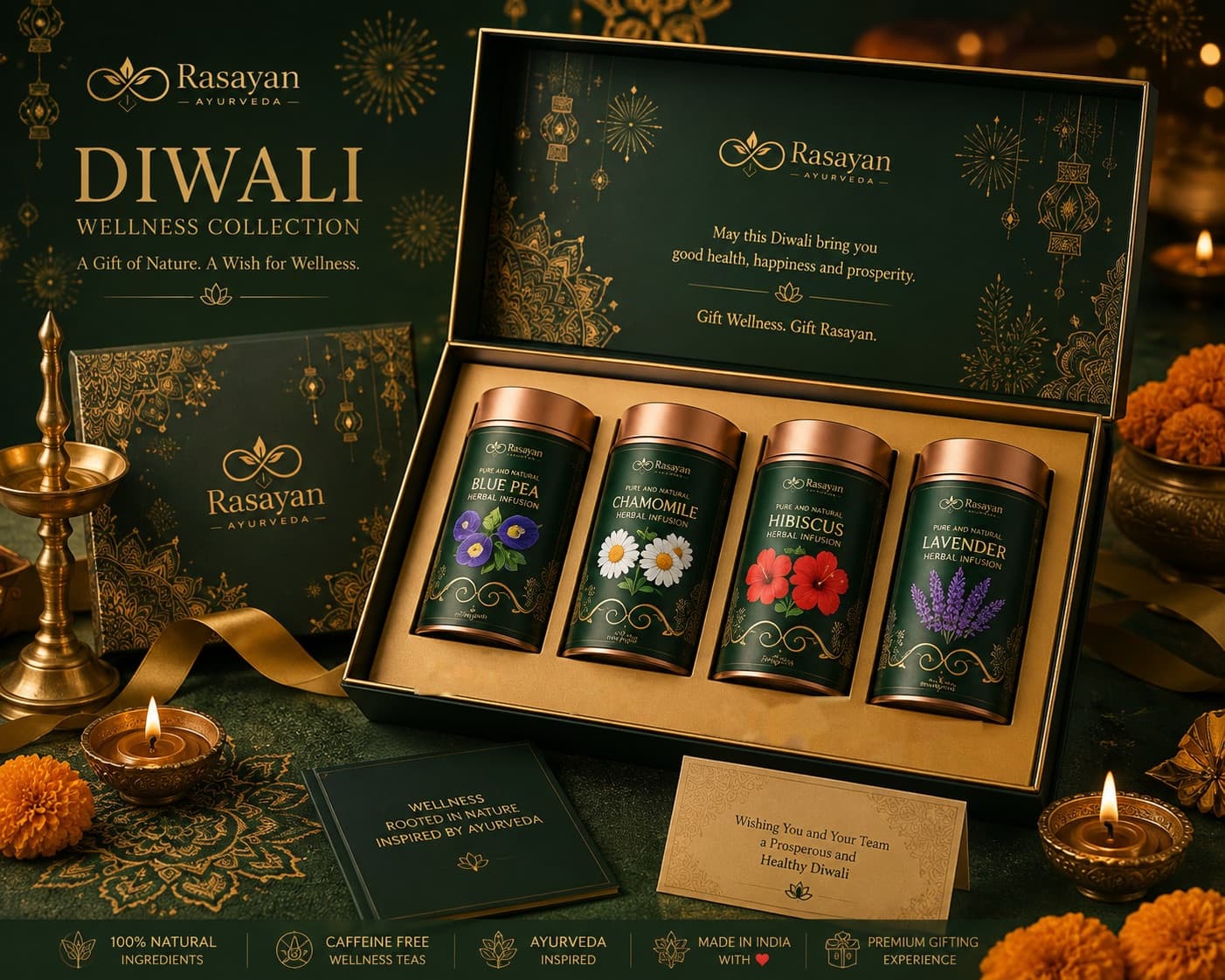 The Rasayan Ayurveda Diwali gift box, open to show Blue Pea, Chamomile, Hibiscus and Lavender in copper-lid tins, with the outer sleeve, a greetings card and lit diyas alongside.