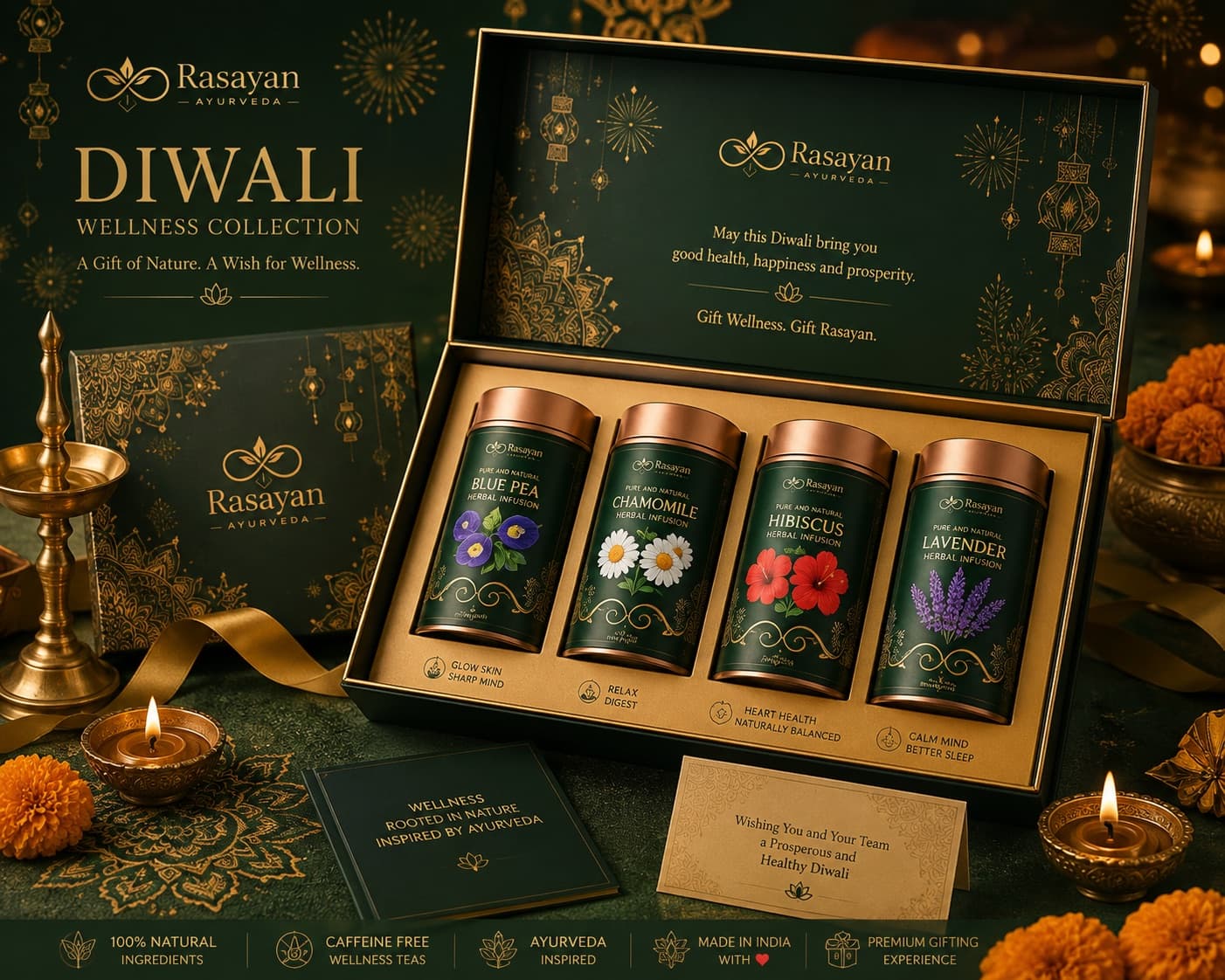 The Rasayan Ayurveda Diwali gift box, open to show Blue Pea, Chamomile, Hibiscus and Lavender in copper-lid tins, with the outer sleeve, a greetings card and lit diyas alongside.
